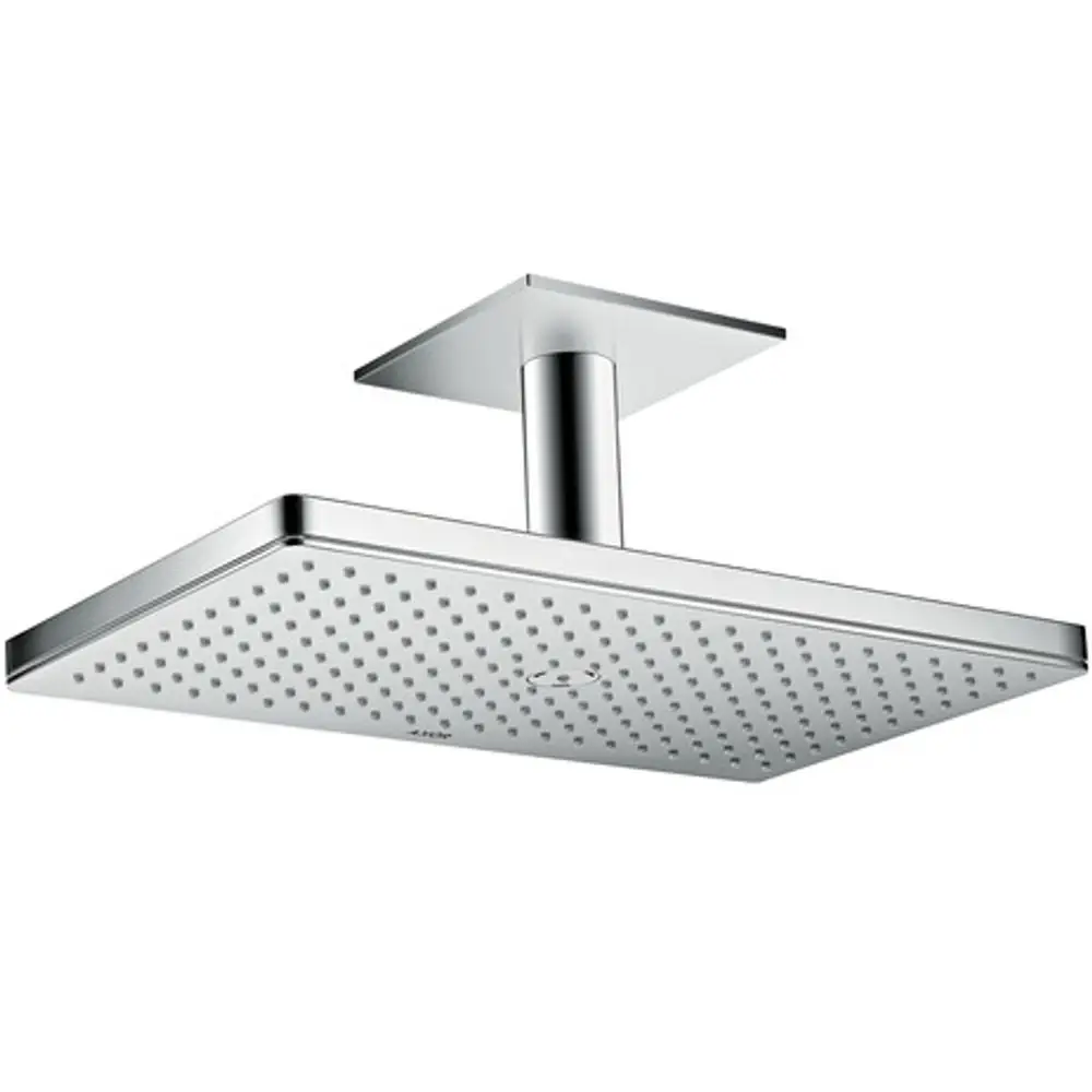 Kopfbrause in Chromausführung, quadratisches Design mit Deckenanschluss. Hersteller ist AXOR. Oberflächenstruktur mit Düsen zur Wasserverteilung.
